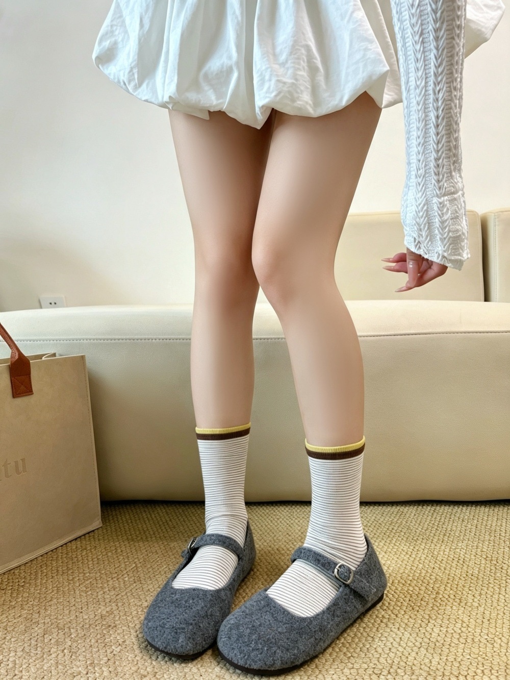 Striped Crew Socks with Contrast Ribbed Cuff
