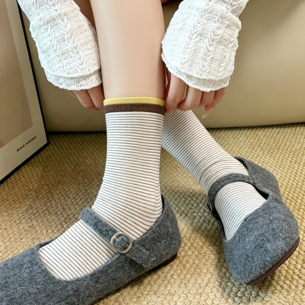 Striped Crew Socks with Contrast Ribbed Cuff