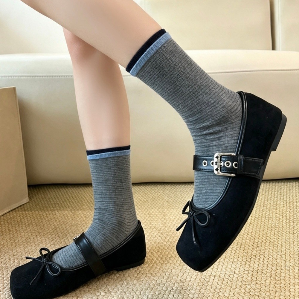 Striped Crew Socks with Contrast Ribbed Cuff