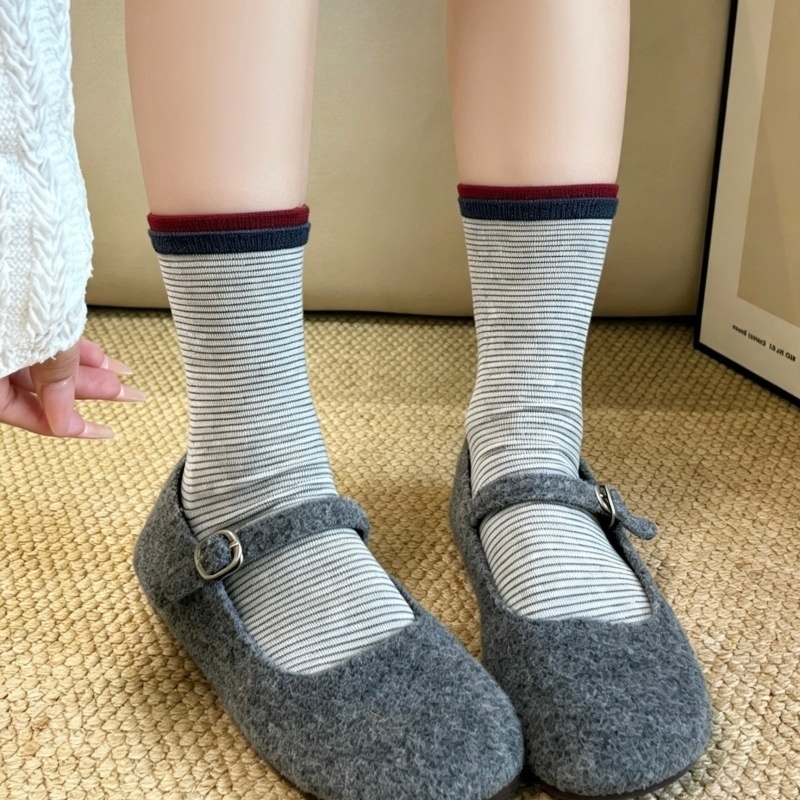 Striped Crew Socks with Contrast Ribbed Cuff