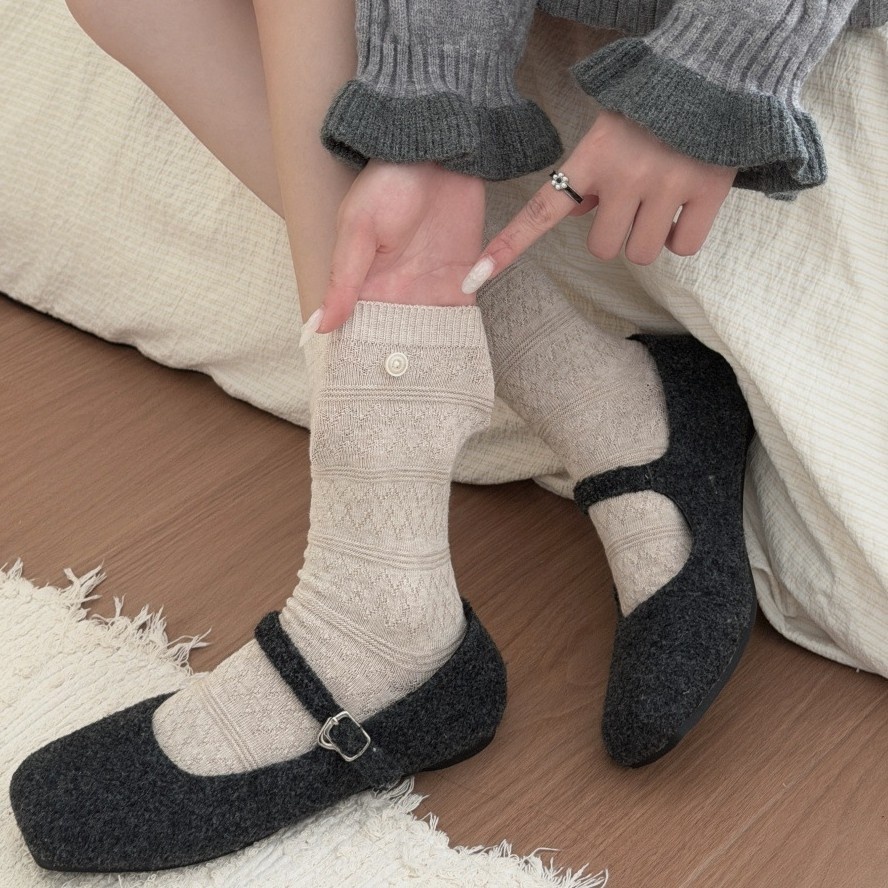 Textured Knit Crew Socks with Button Accent