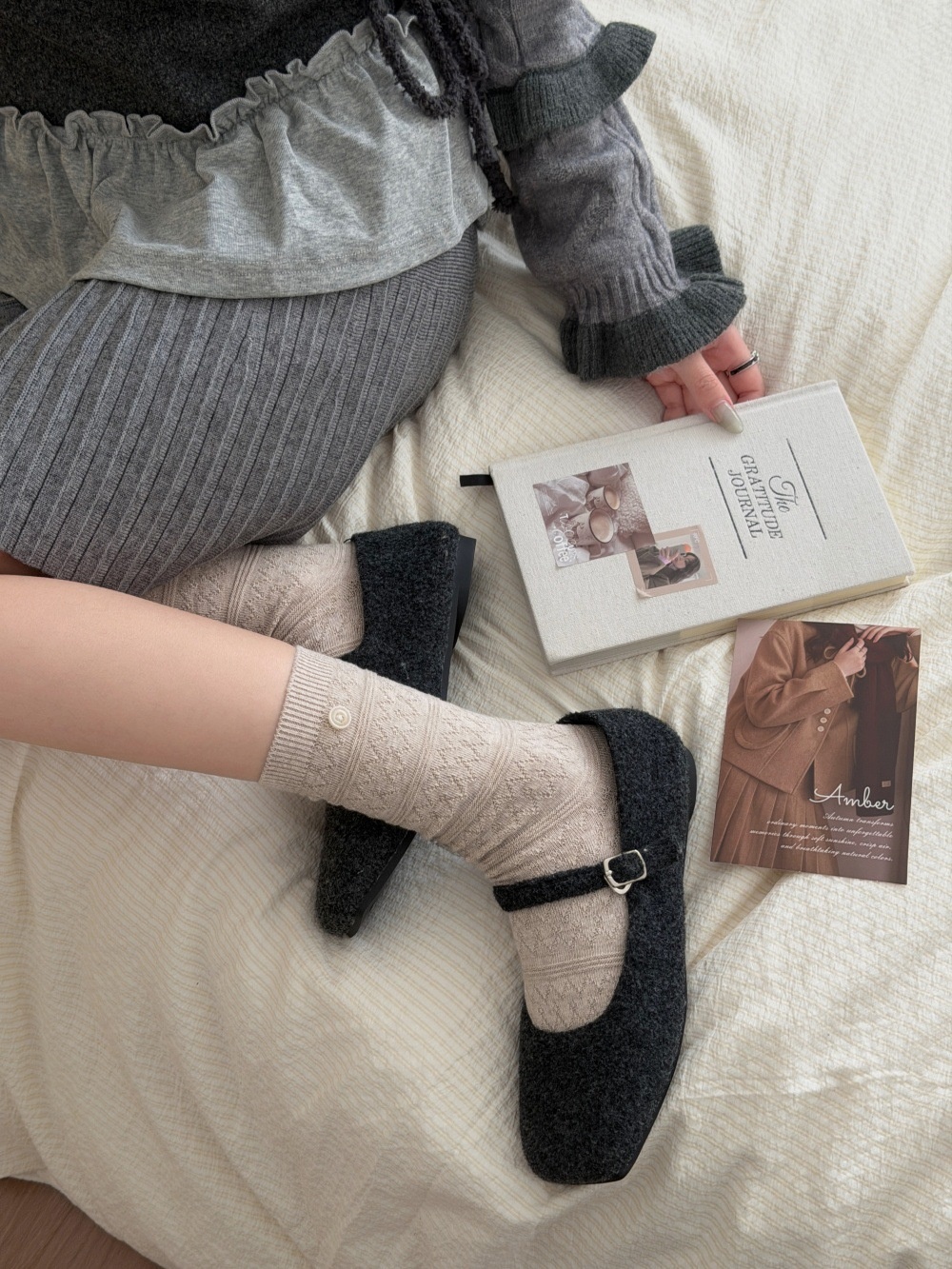 Textured Knit Crew Socks with Button Accent