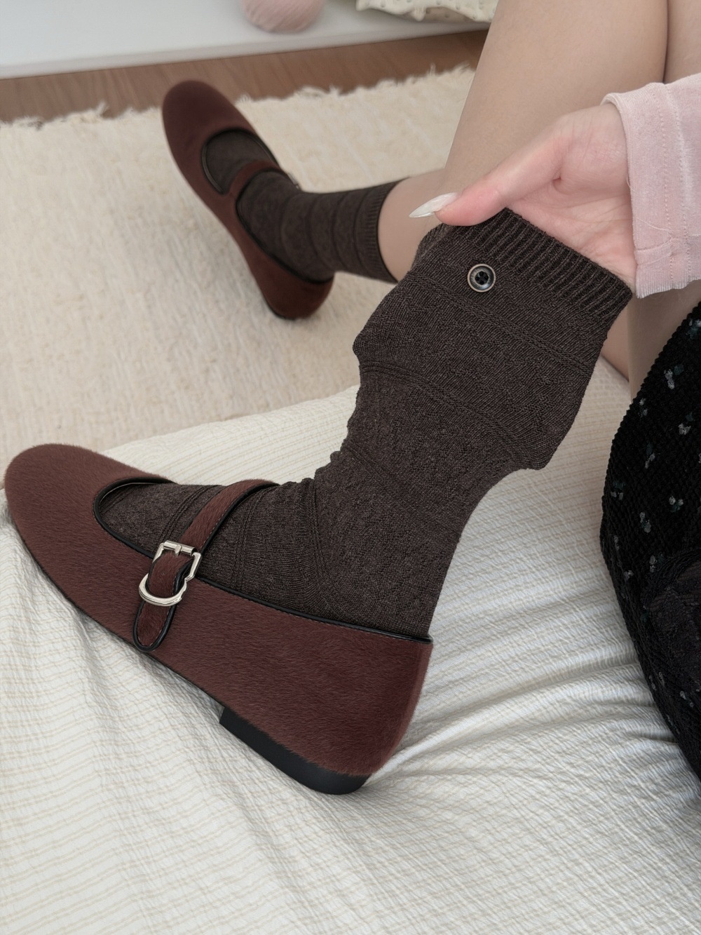 Textured Knit Crew Socks with Button Accent