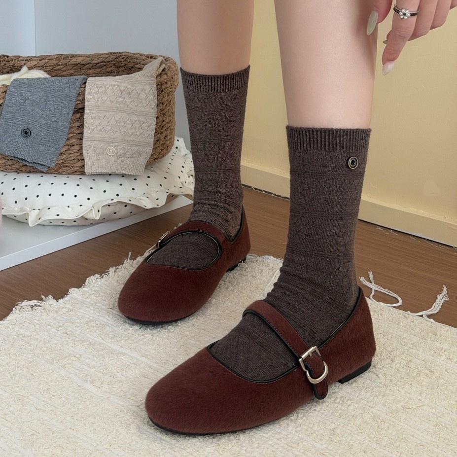 Textured Knit Crew Socks with Button Accent