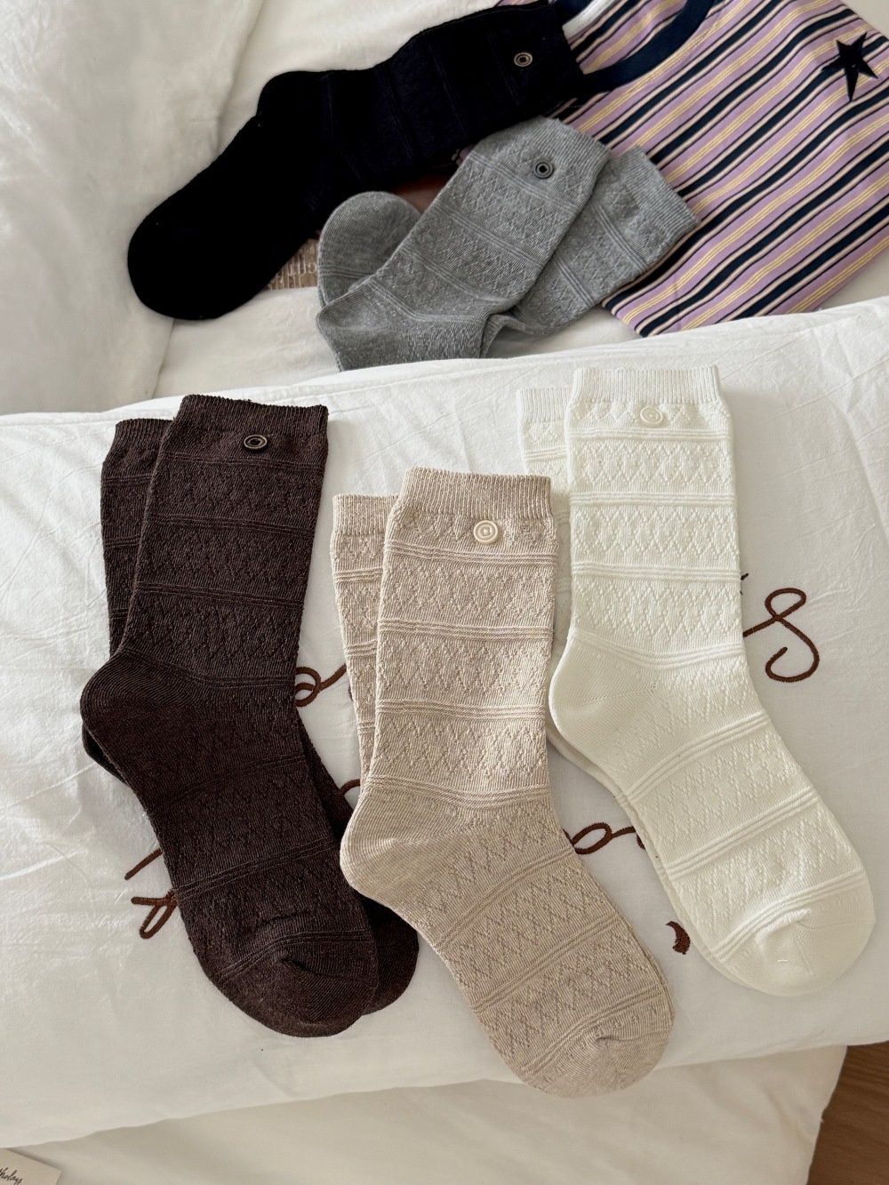 Textured Knit Crew Socks with Button Accent