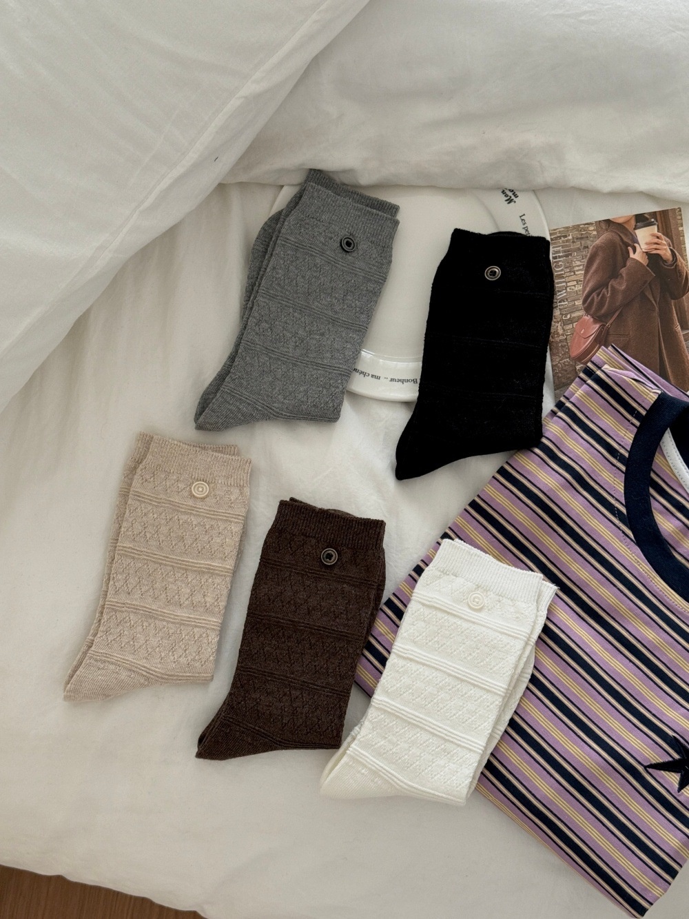 Textured Knit Crew Socks with Button Accent