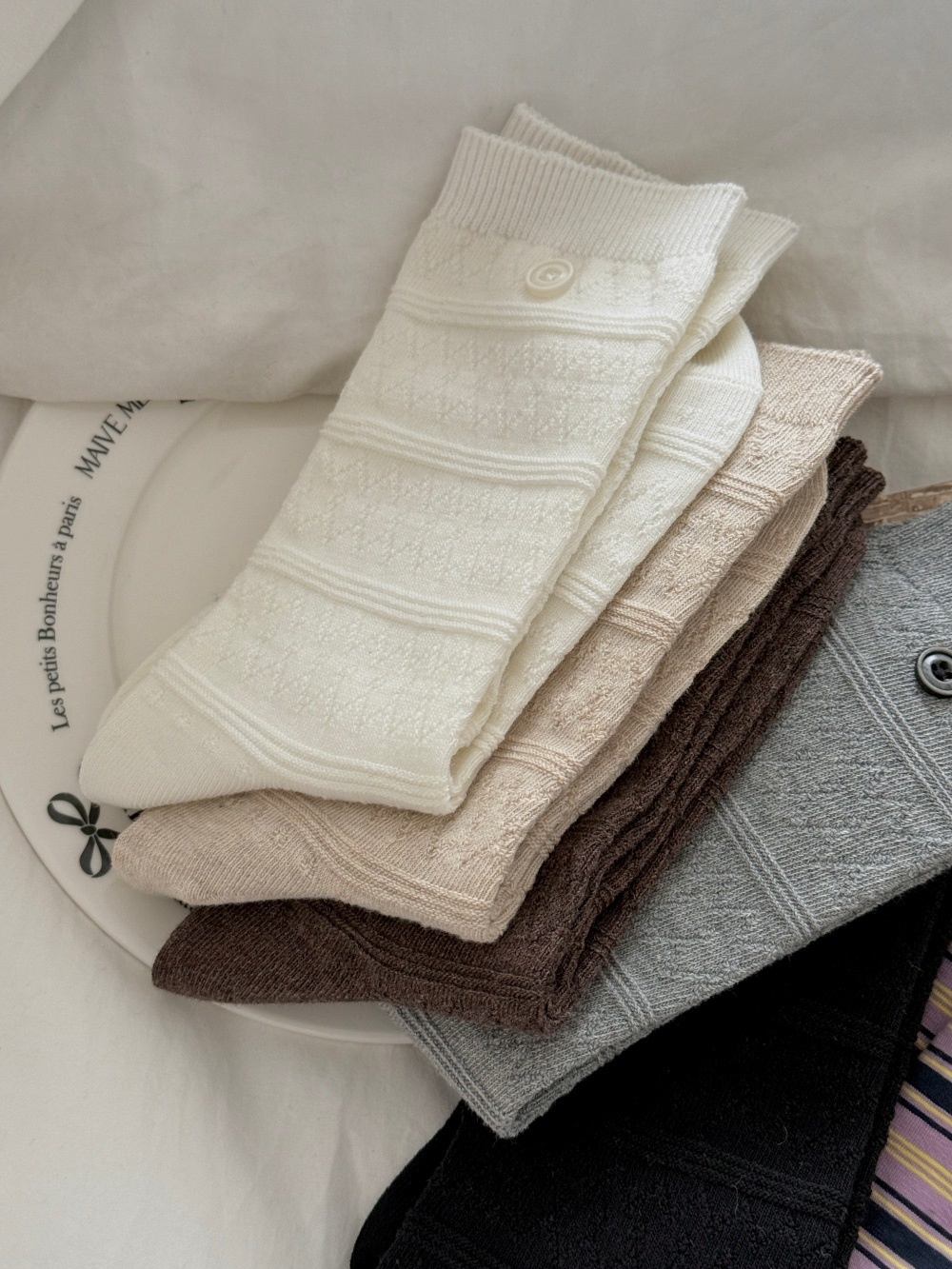 Textured Knit Crew Socks with Button Accent