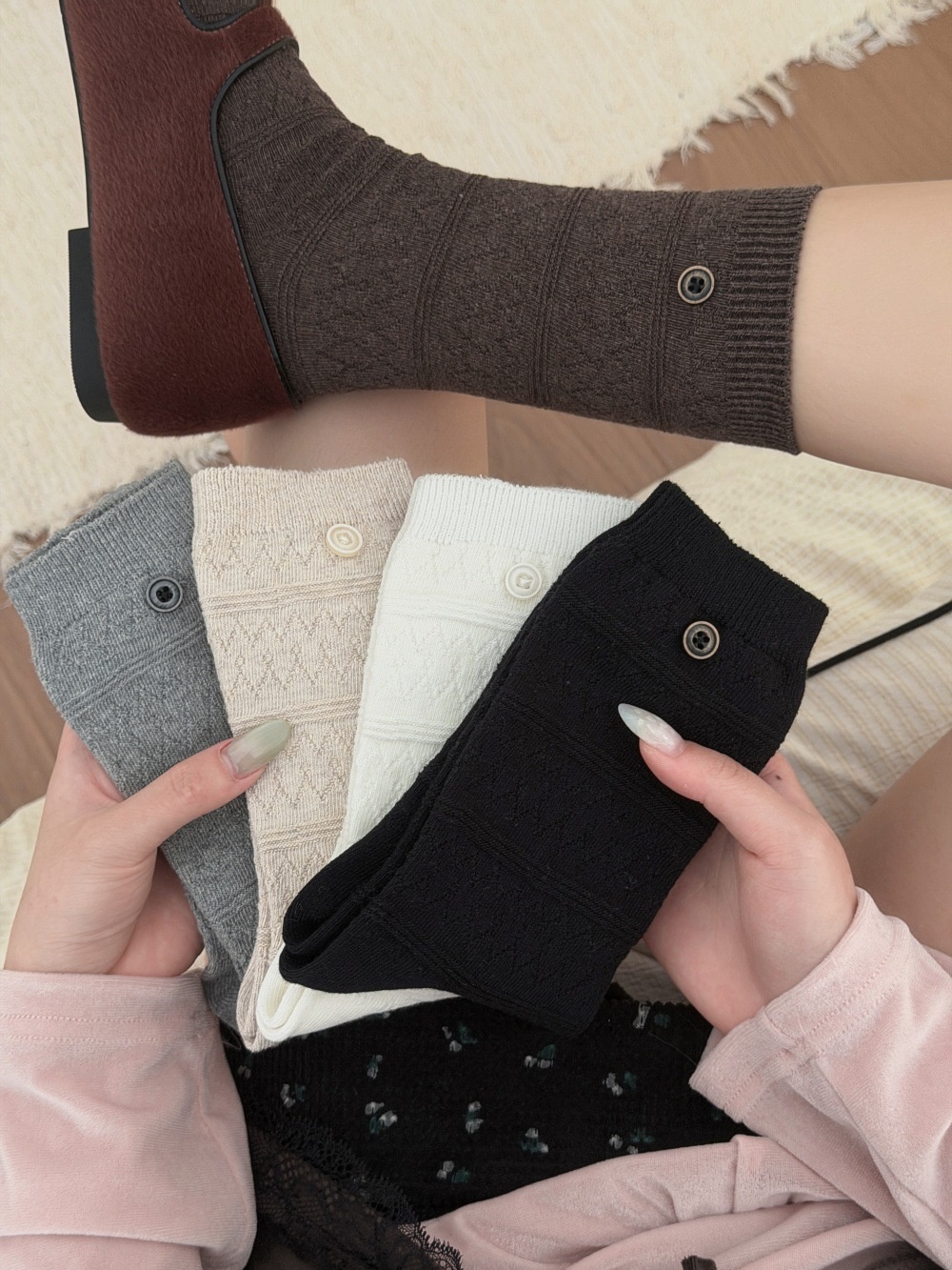 Textured Knit Crew Socks with Button Accent