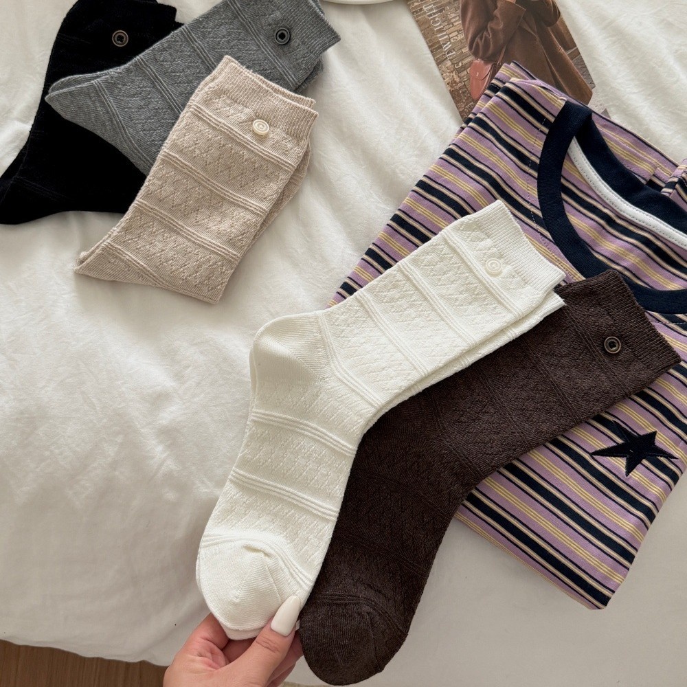 Textured Knit Crew Socks with Button Accent