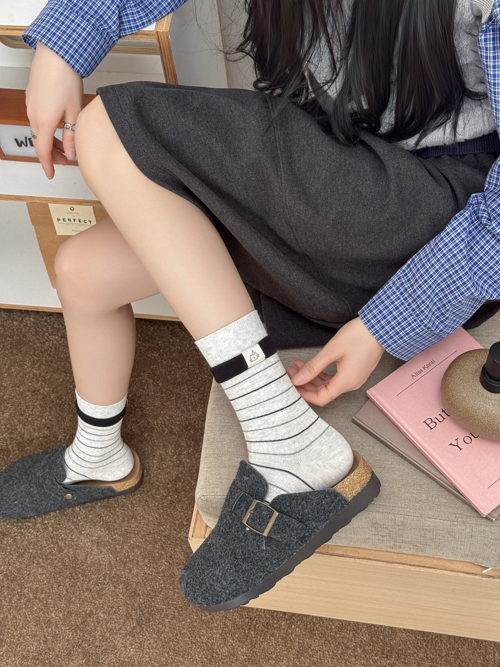 Striped Crew Socks with Contrast Cuff Detail