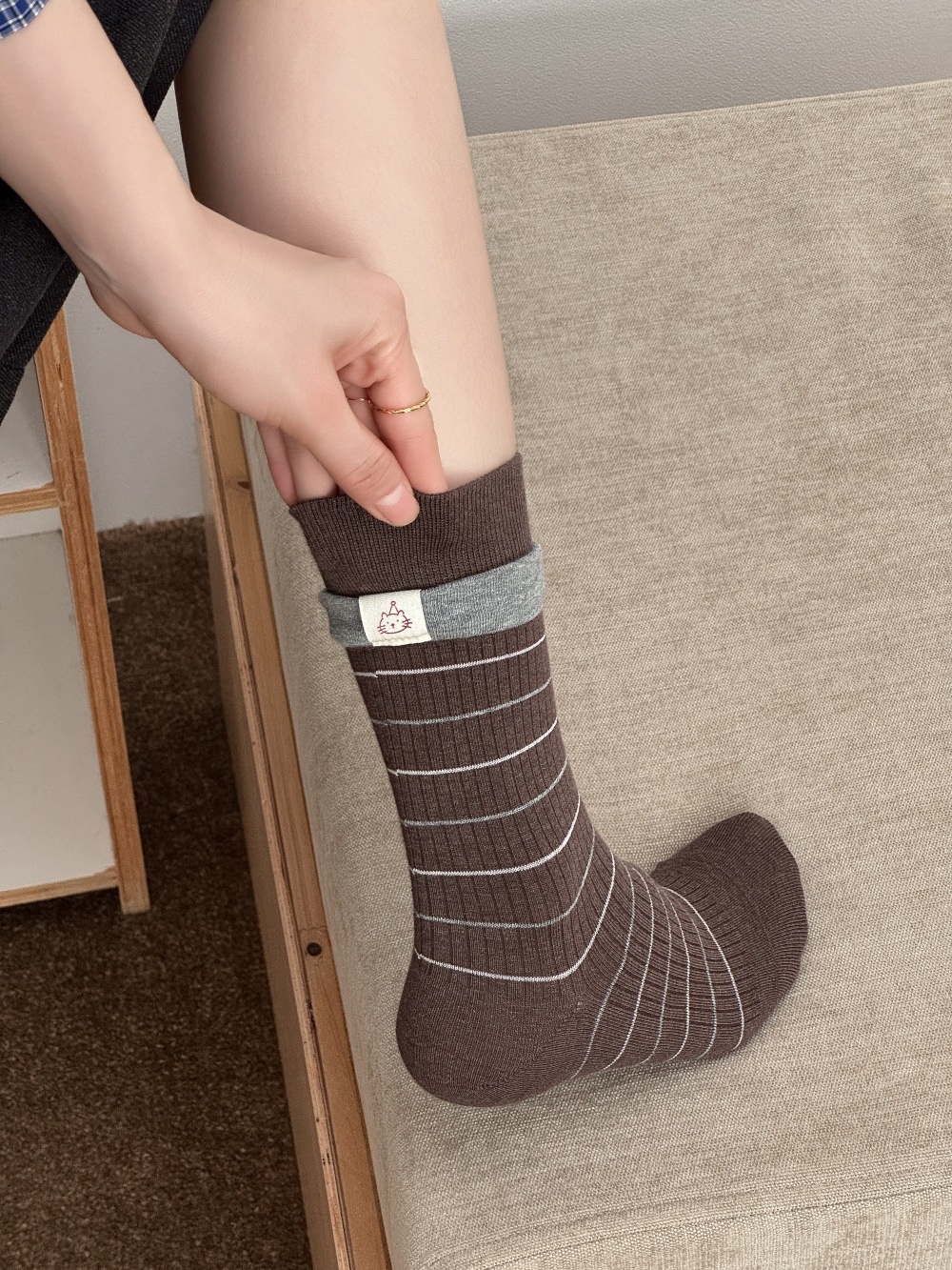 Striped Crew Socks with Contrast Cuff Detail