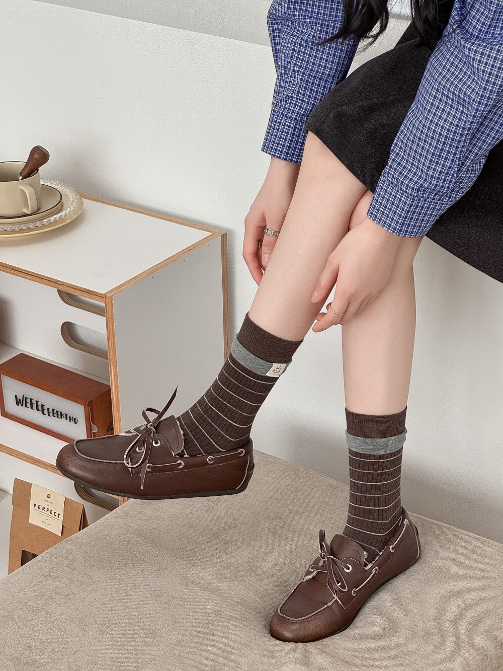 Striped Crew Socks with Contrast Cuff Detail