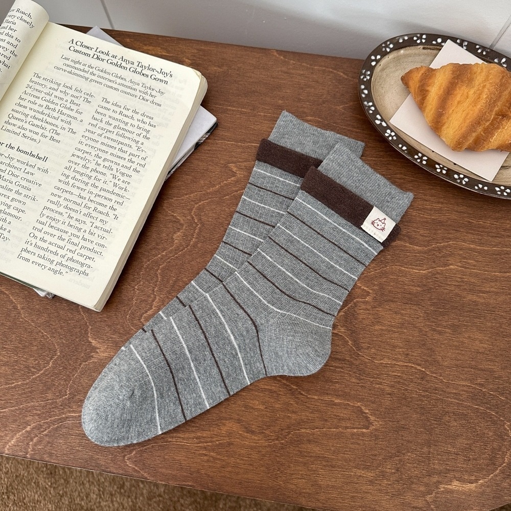 Striped Crew Socks with Contrast Cuff Detail