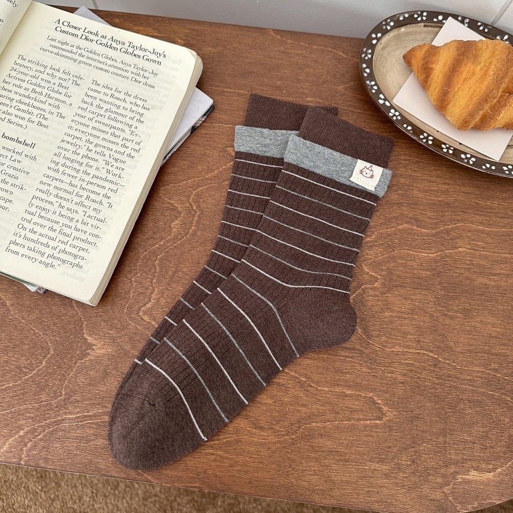 Striped Crew Socks with Contrast Cuff Detail