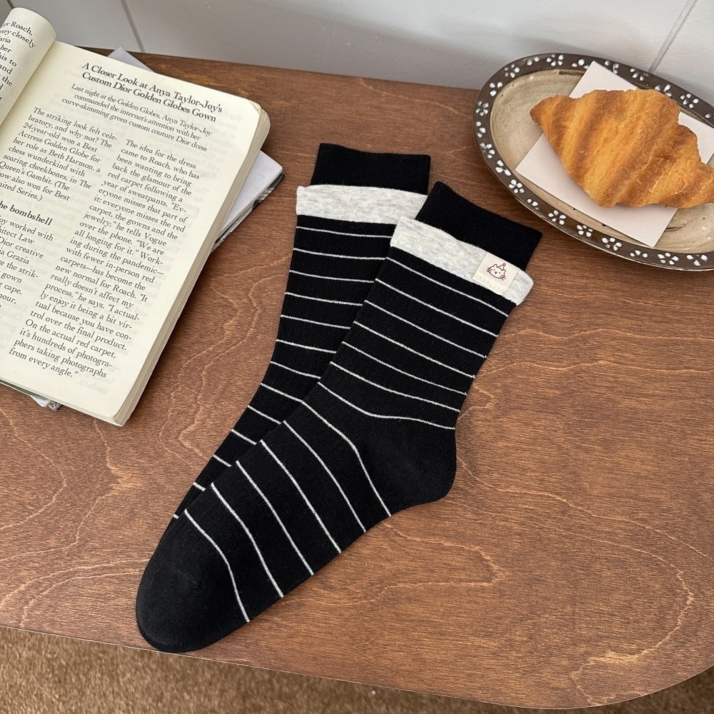 Striped Crew Socks with Contrast Cuff Detail