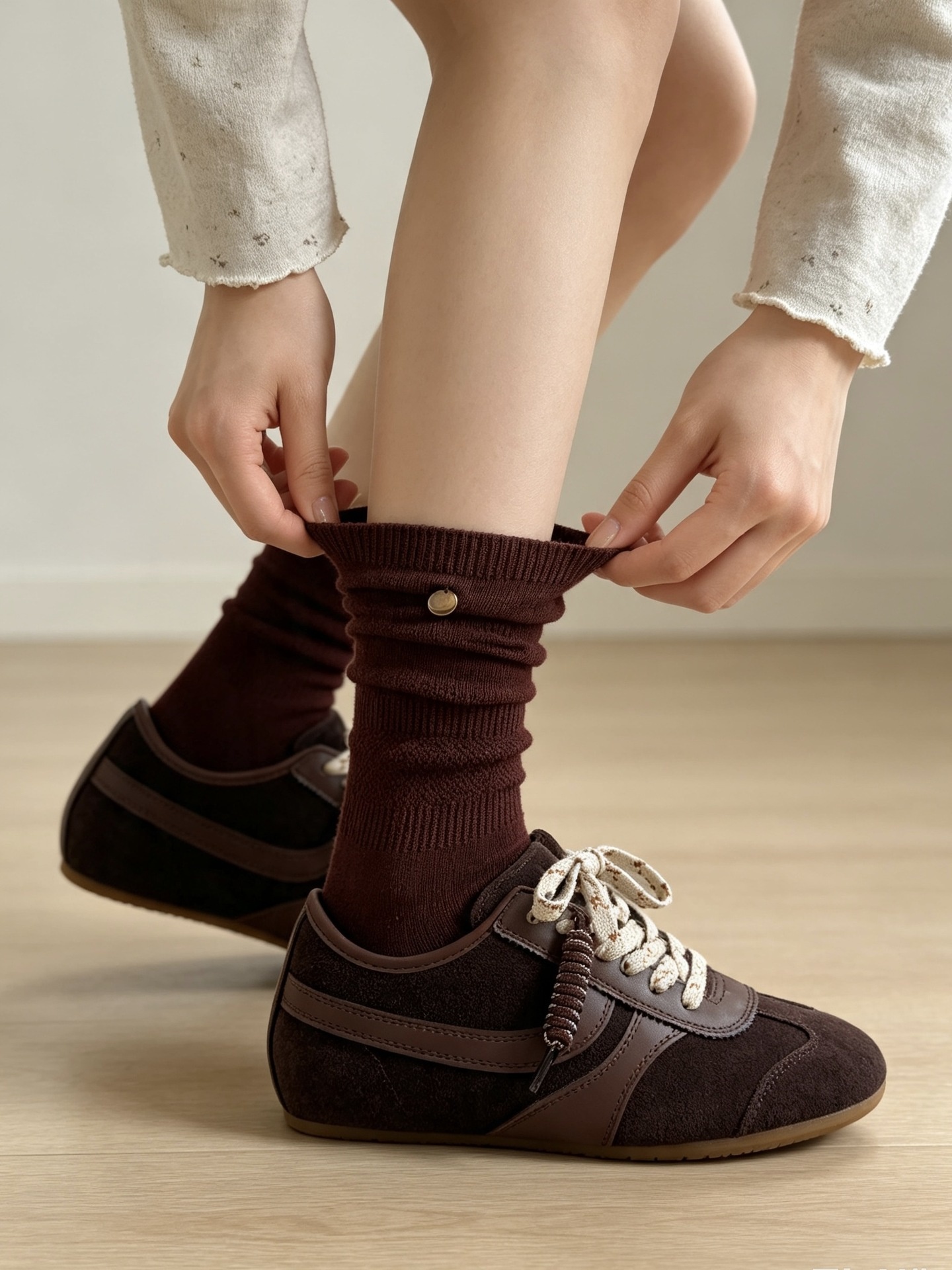 Ribbed Slouch Crew Socks with Button Accent