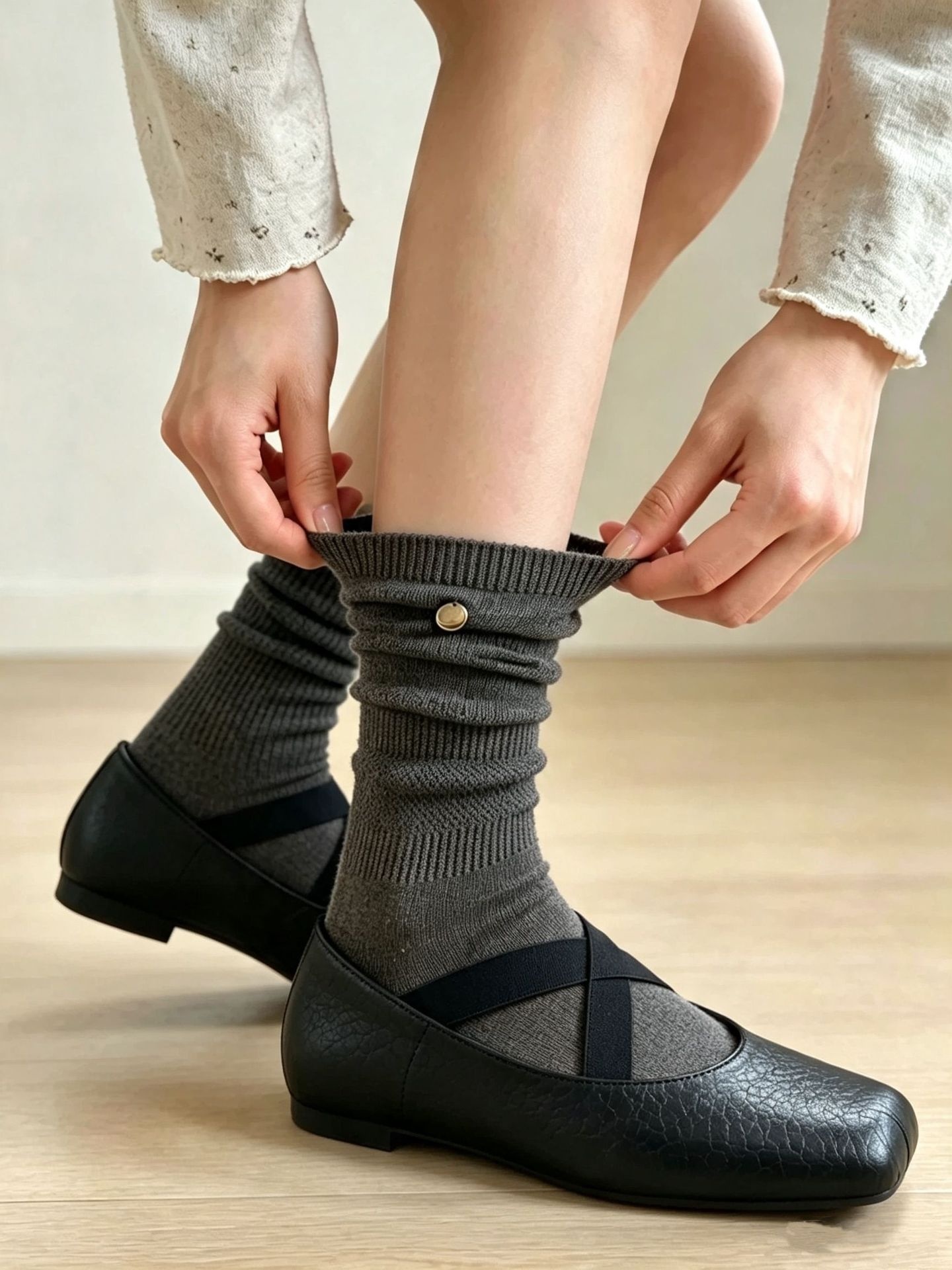 Ribbed Slouch Crew Socks with Button Accent