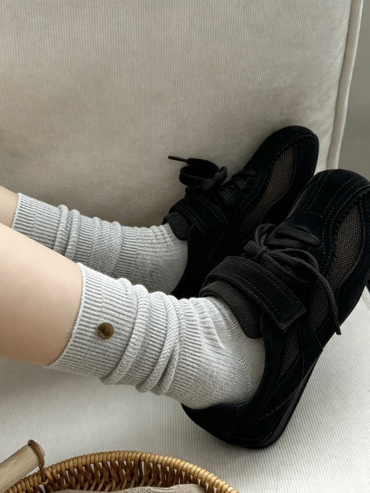 Ribbed Slouch Crew Socks with Button Accent