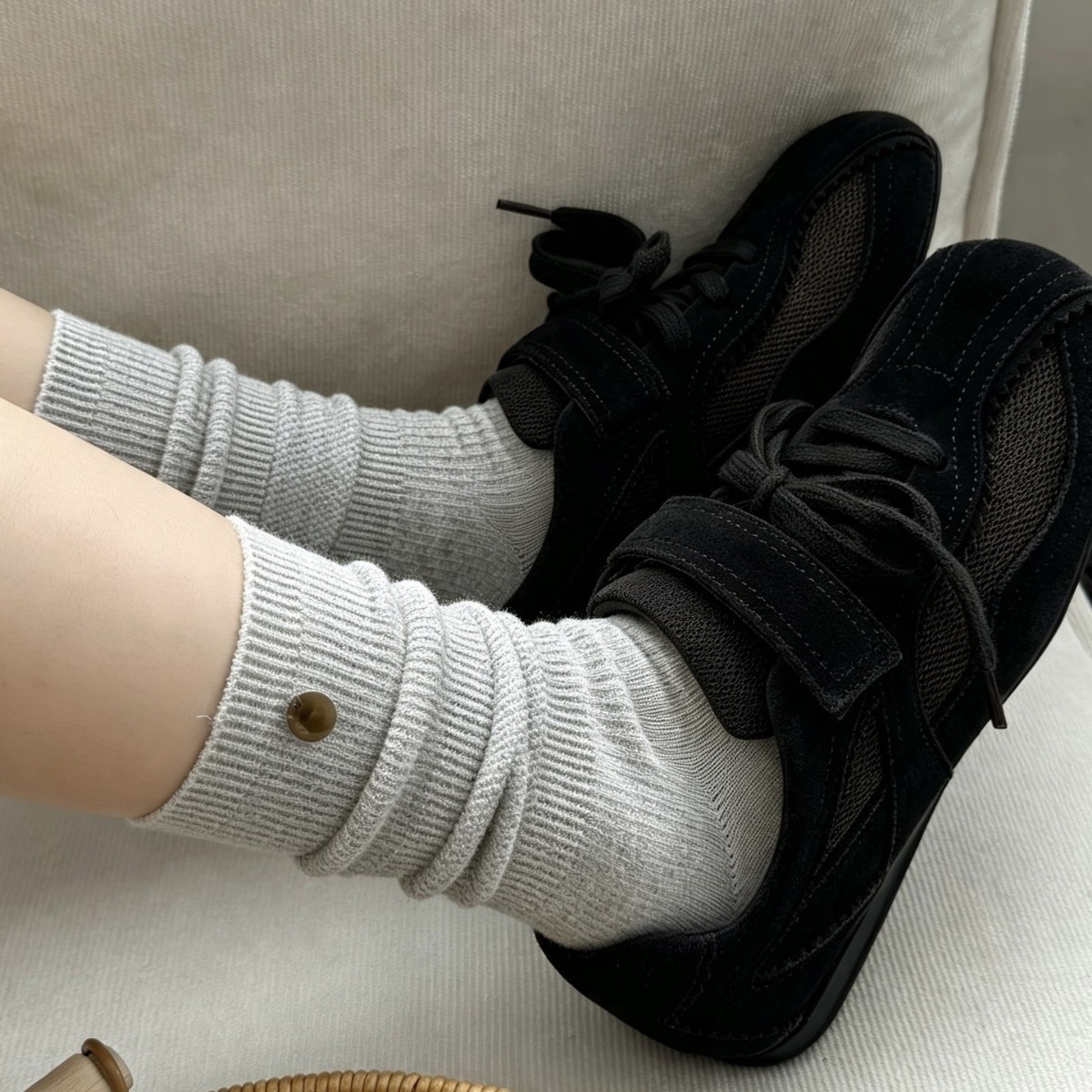 Ribbed Slouch Crew Socks with Button Accent