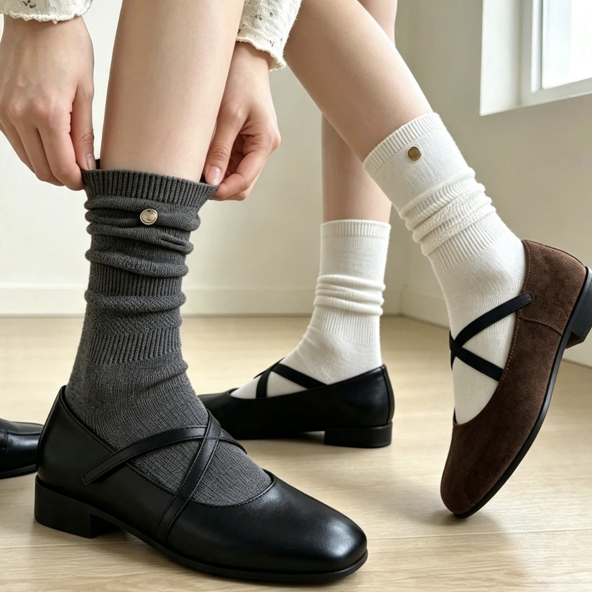 Ribbed Slouch Crew Socks with Button Accent