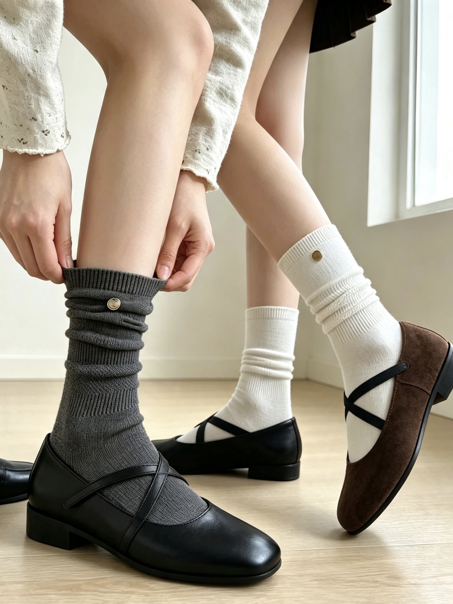 Ribbed Slouch Crew Socks with Button Accent
