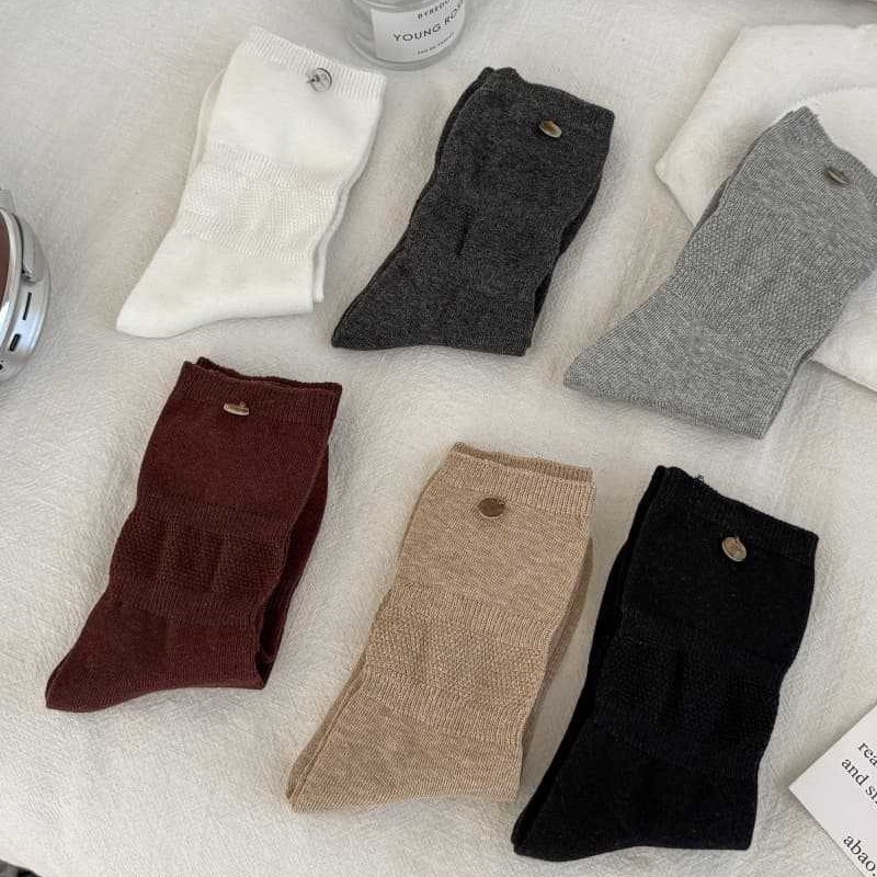 Ribbed Slouch Crew Socks with Button Accent