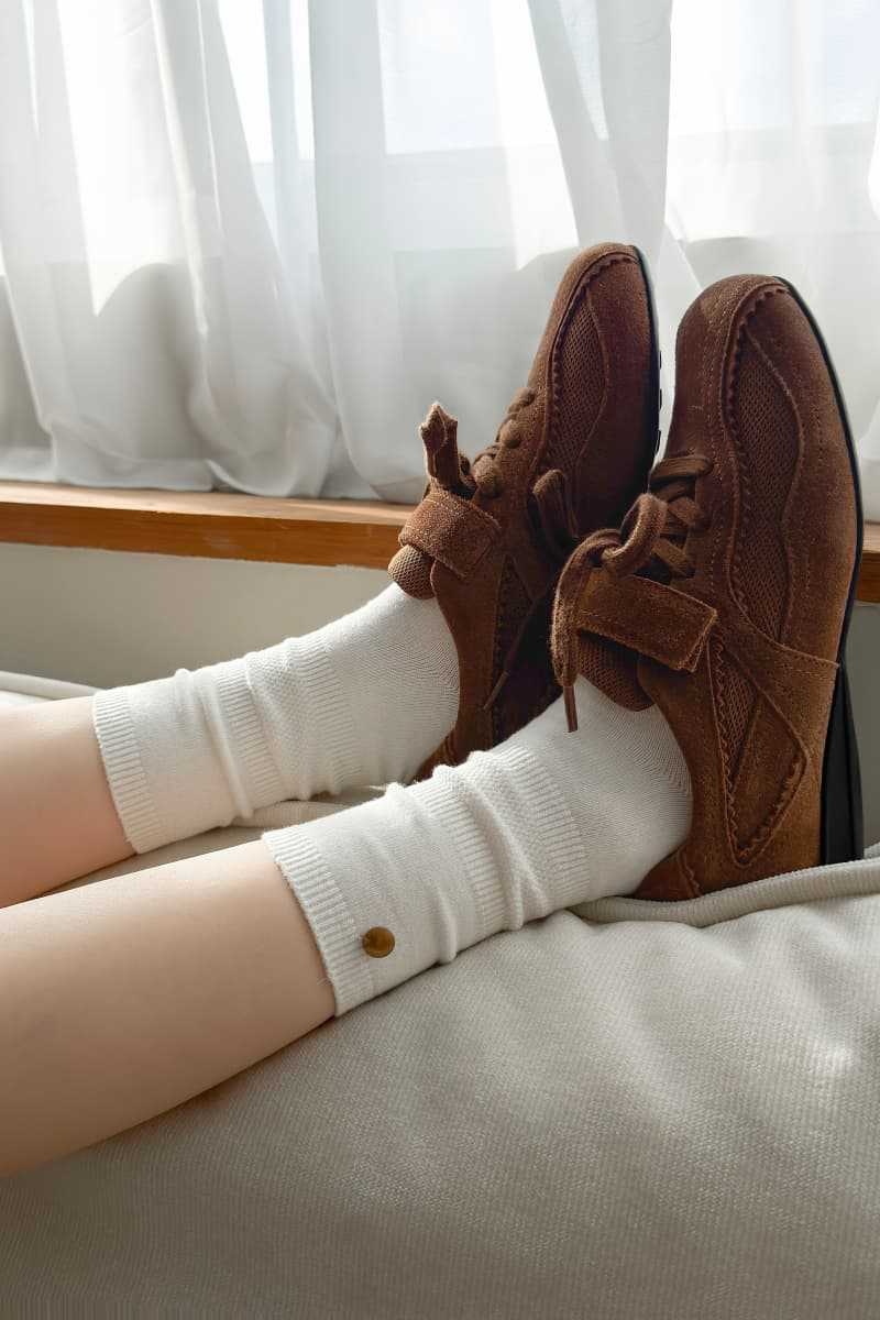 Ribbed Slouch Crew Socks with Button Accent