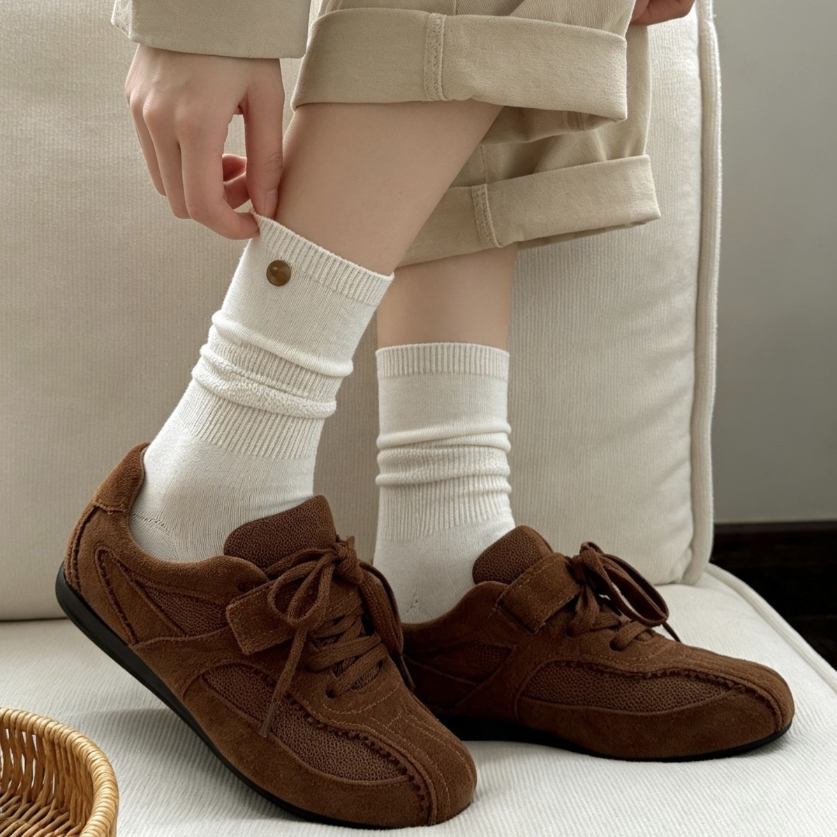 Ribbed Slouch Crew Socks with Button Accent