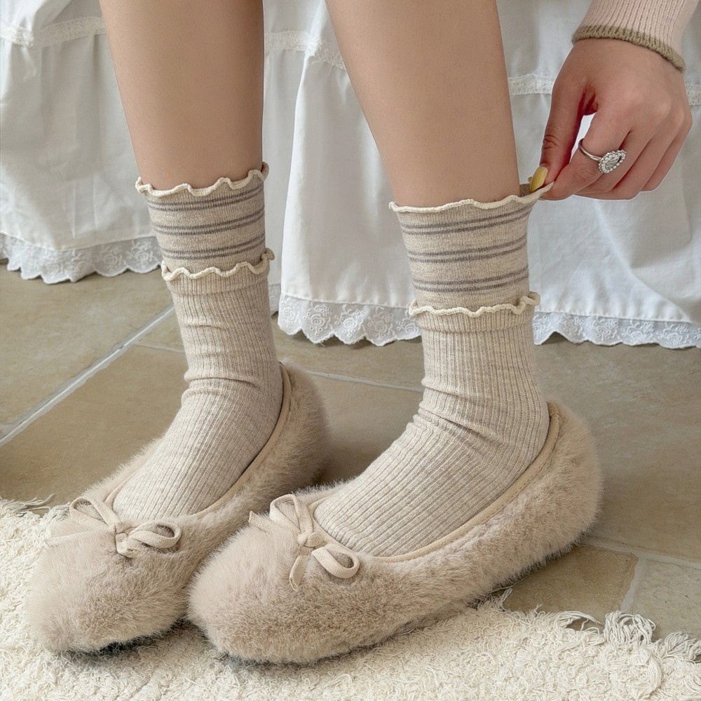 Women's Ruffle Cuff Ribbed Crew Socks with Stripes