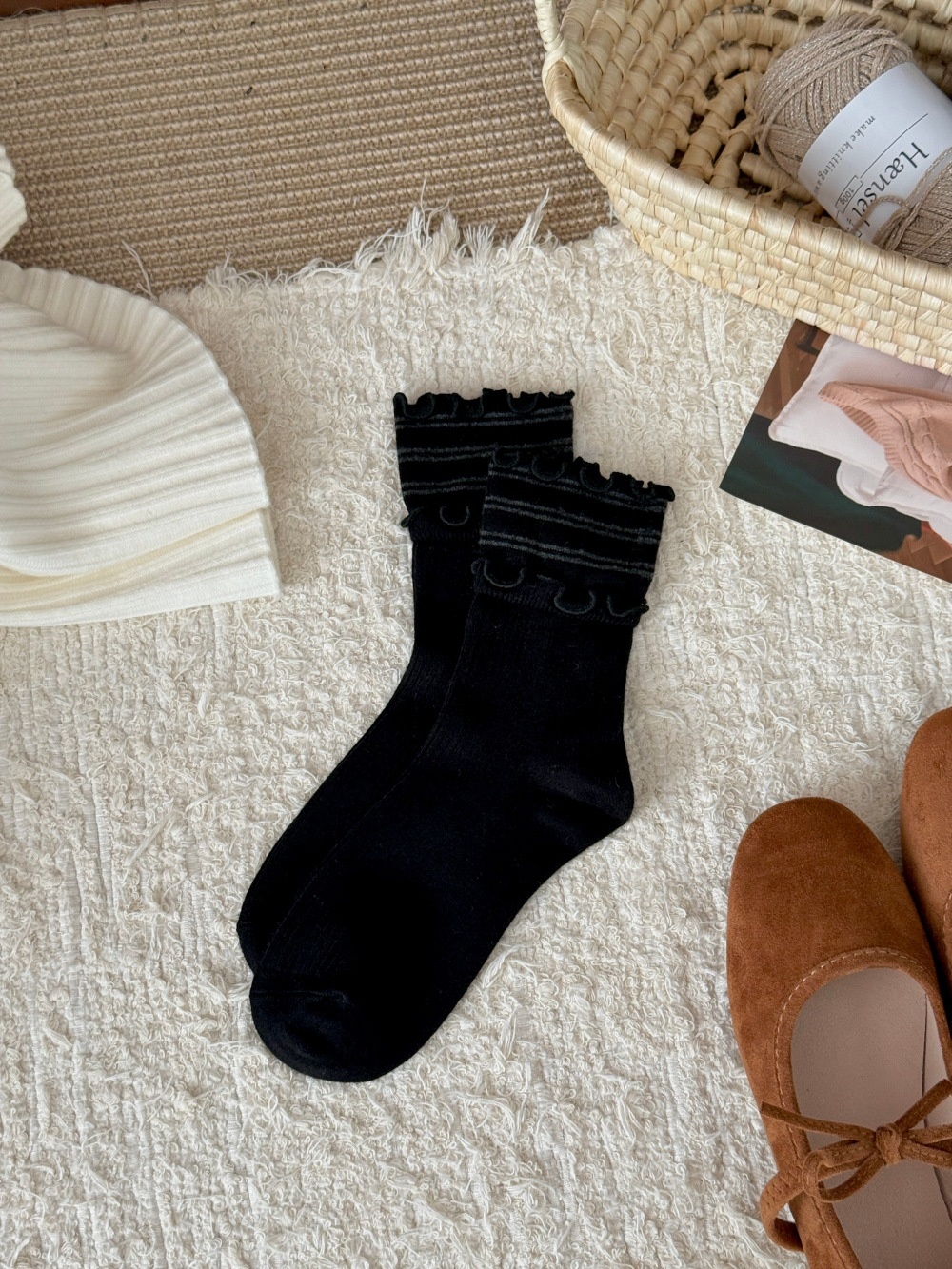Women's Ruffle Cuff Ribbed Crew Socks with Stripes