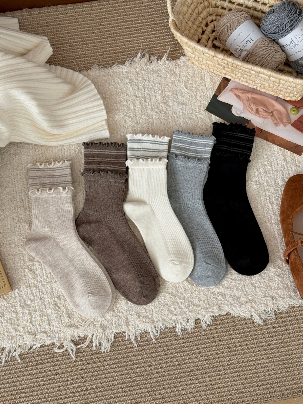 Women's Ruffle Cuff Ribbed Crew Socks with Stripes