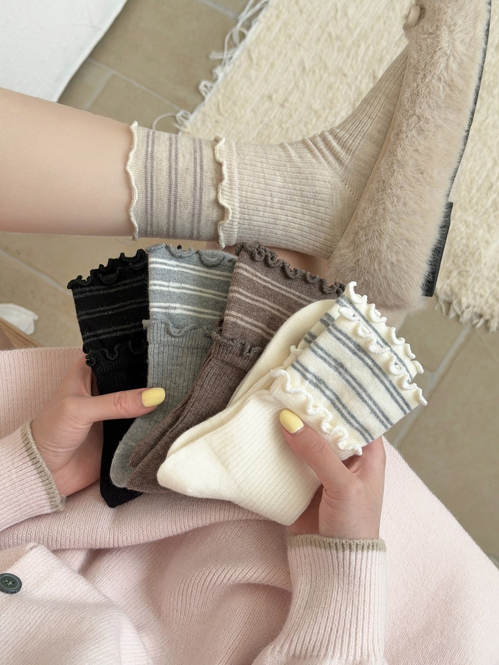 Women's Ruffle Cuff Ribbed Crew Socks with Stripes