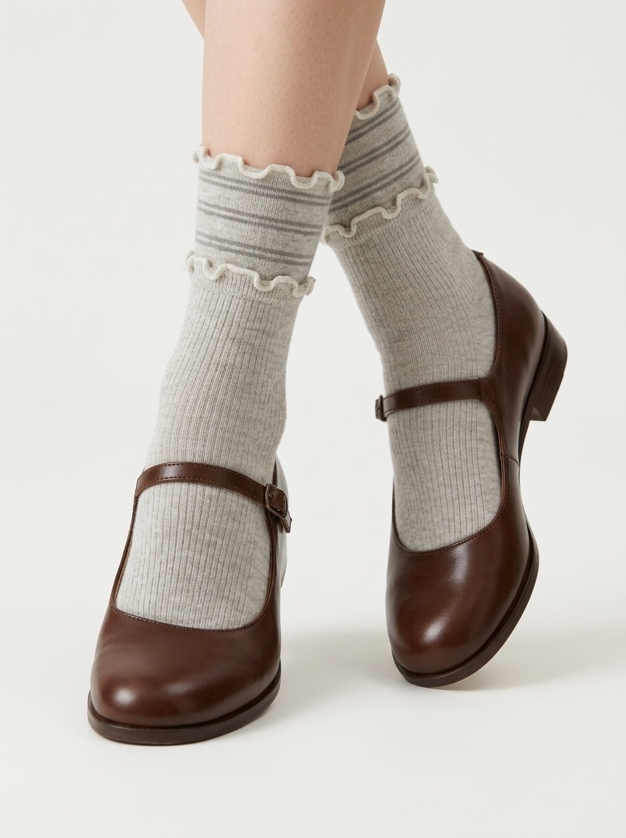 Women's Ruffle Cuff Ribbed Crew Socks with Stripes