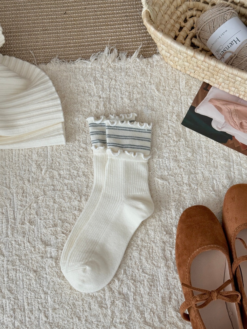 Women's Ruffle Cuff Ribbed Crew Socks with Stripes