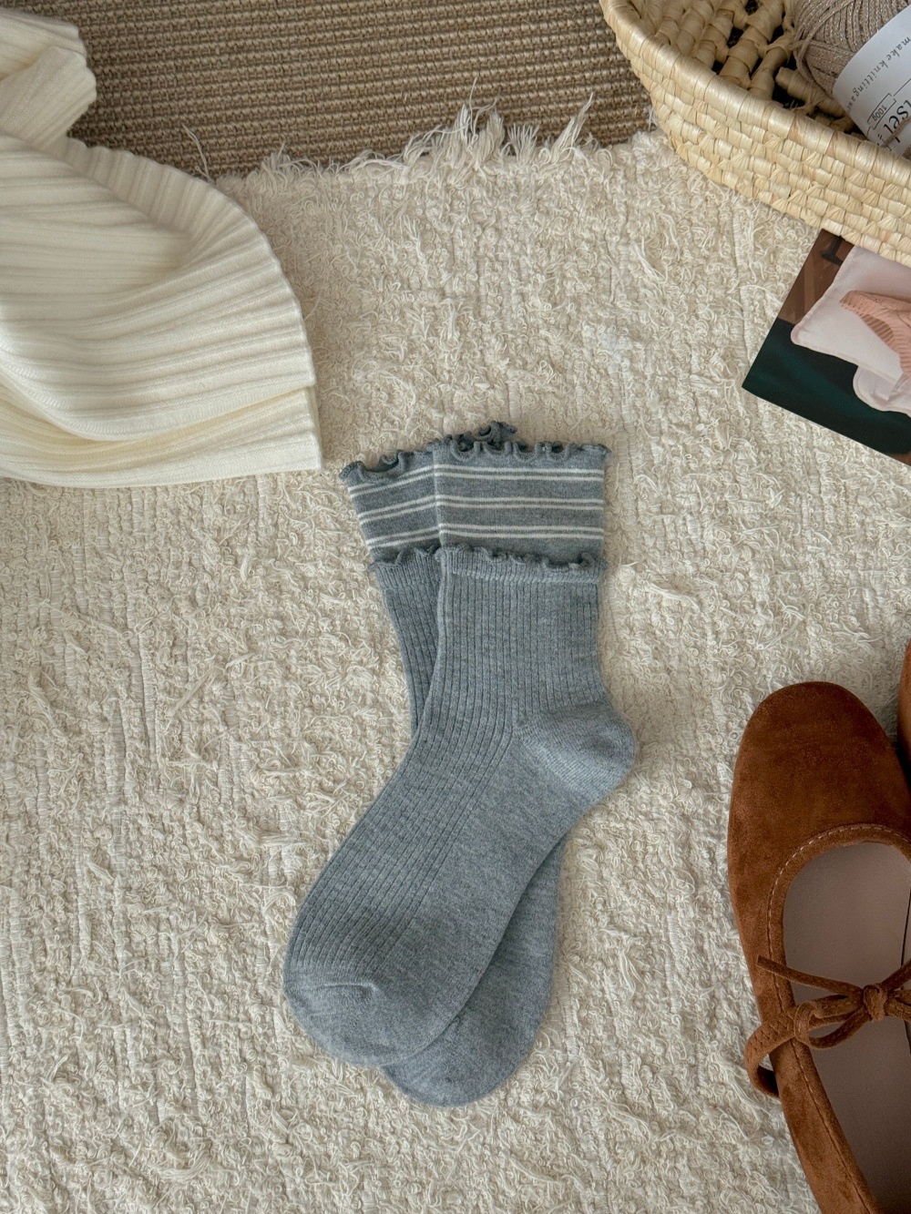 Women's Ruffle Cuff Ribbed Crew Socks with Stripes