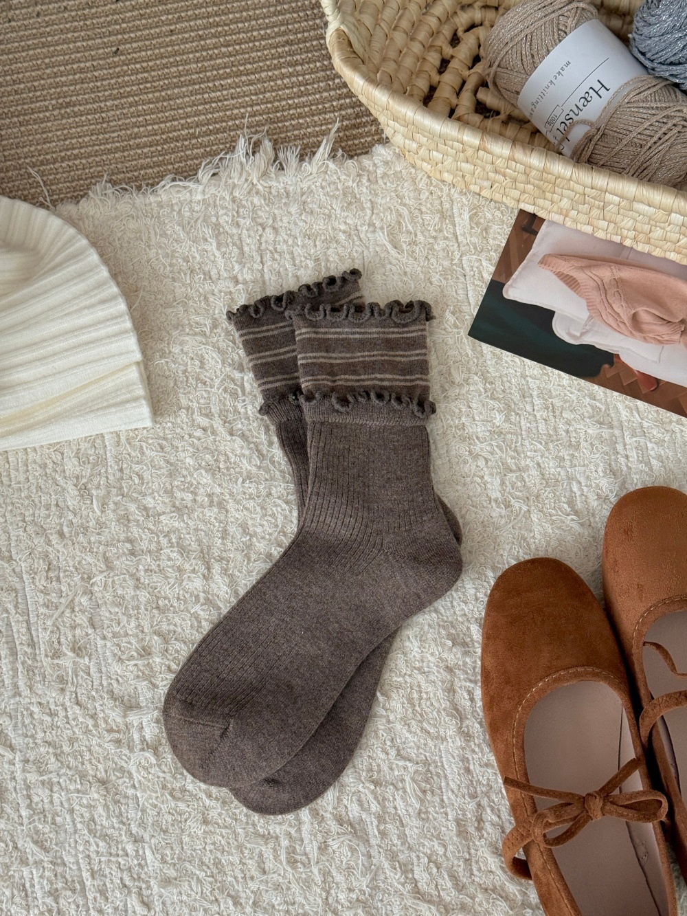 Women's Ruffle Cuff Ribbed Crew Socks with Stripes