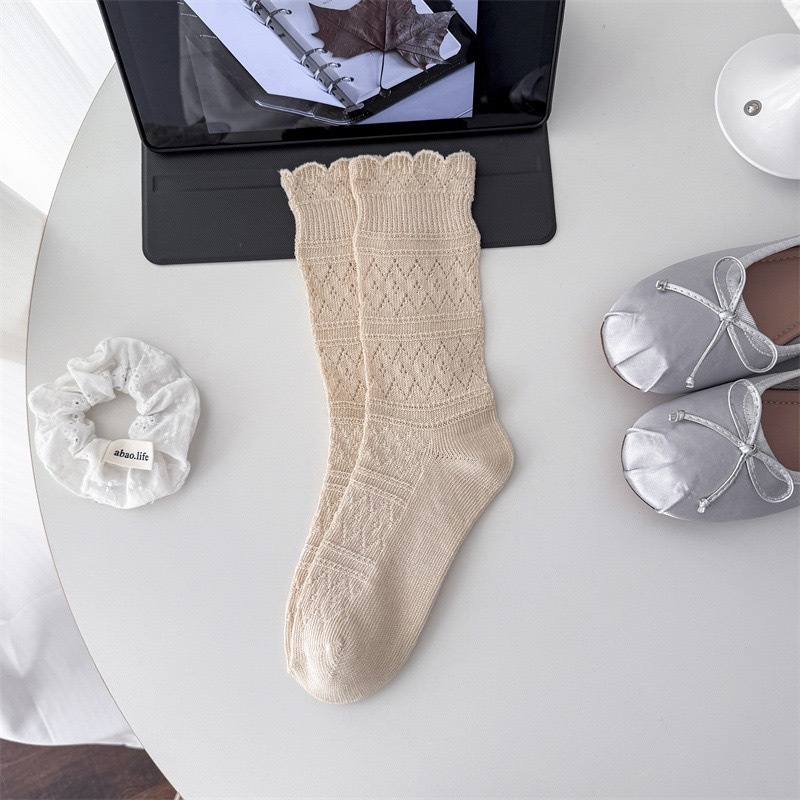 Women's Lace Knit Crew Socks with Scalloped Edge