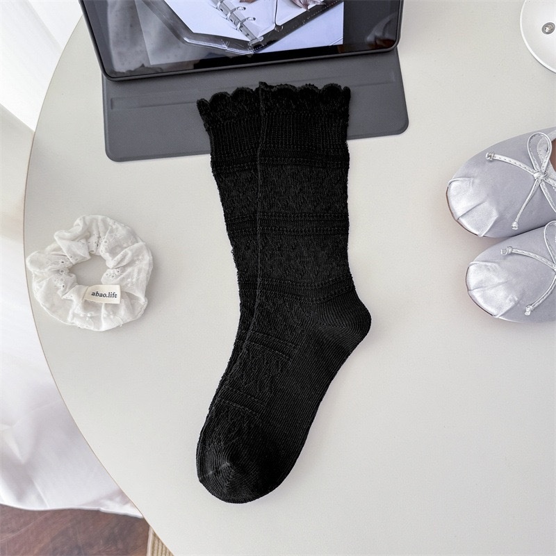 Women's Lace Knit Crew Socks with Scalloped Edge