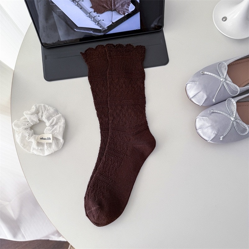 Women's Lace Knit Crew Socks with Scalloped Edge