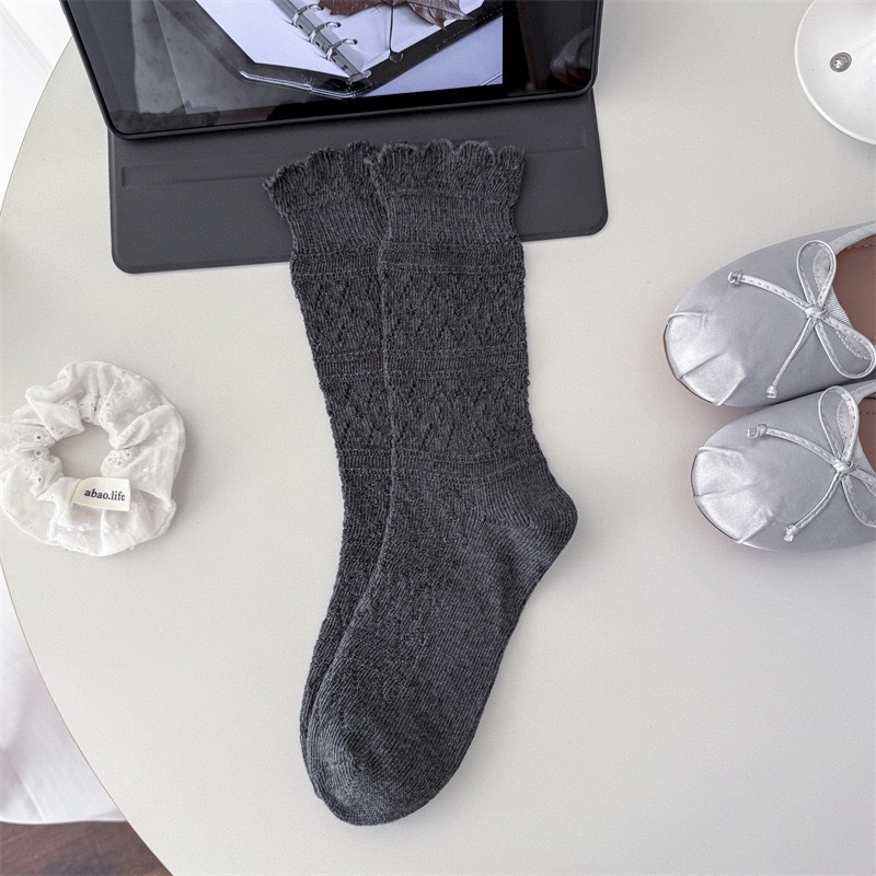 Women's Lace Knit Crew Socks with Scalloped Edge
