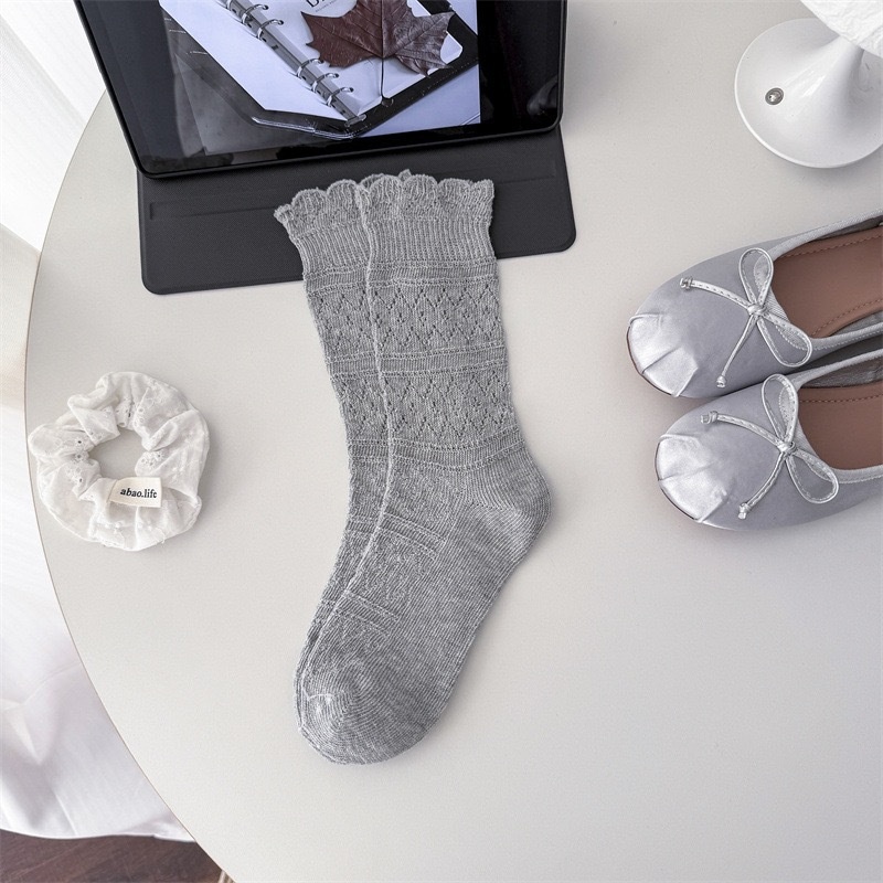 Women's Lace Knit Crew Socks with Scalloped Edge