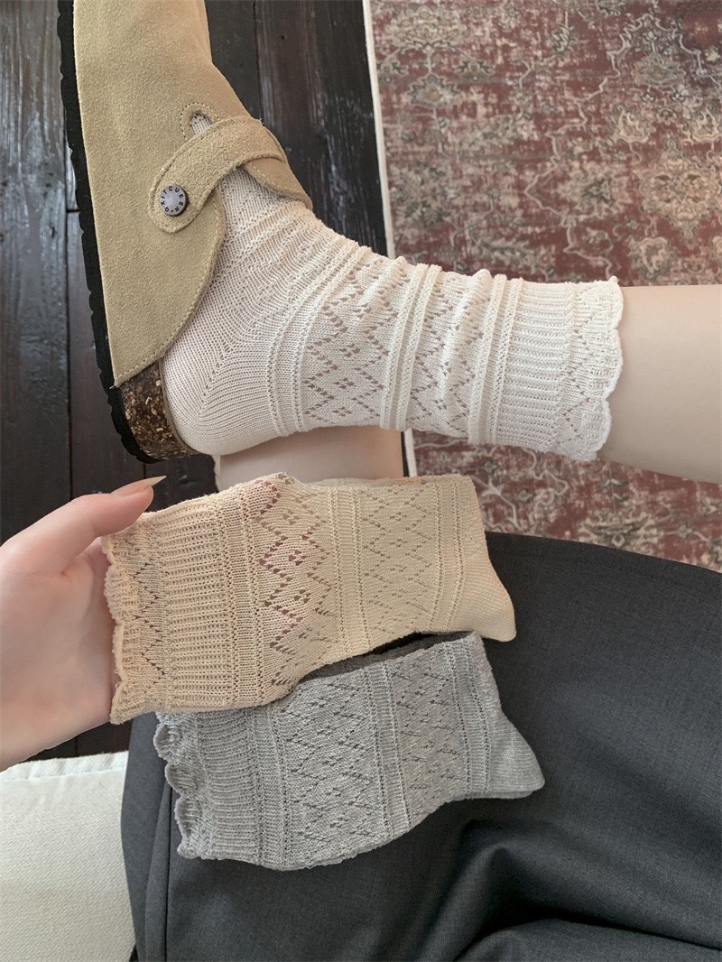 Women's Lace Knit Crew Socks with Scalloped Edge