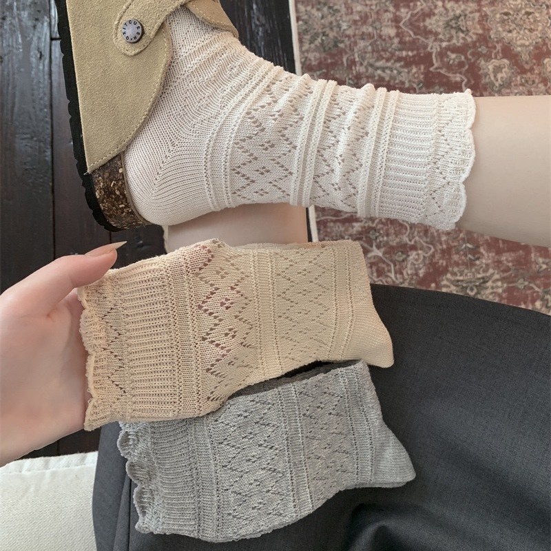 Women's Lace Knit Crew Socks with Scalloped Edge