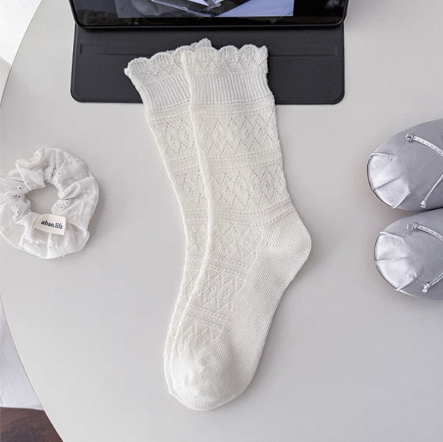 Women's Lace Knit Crew Socks with Scalloped Edge