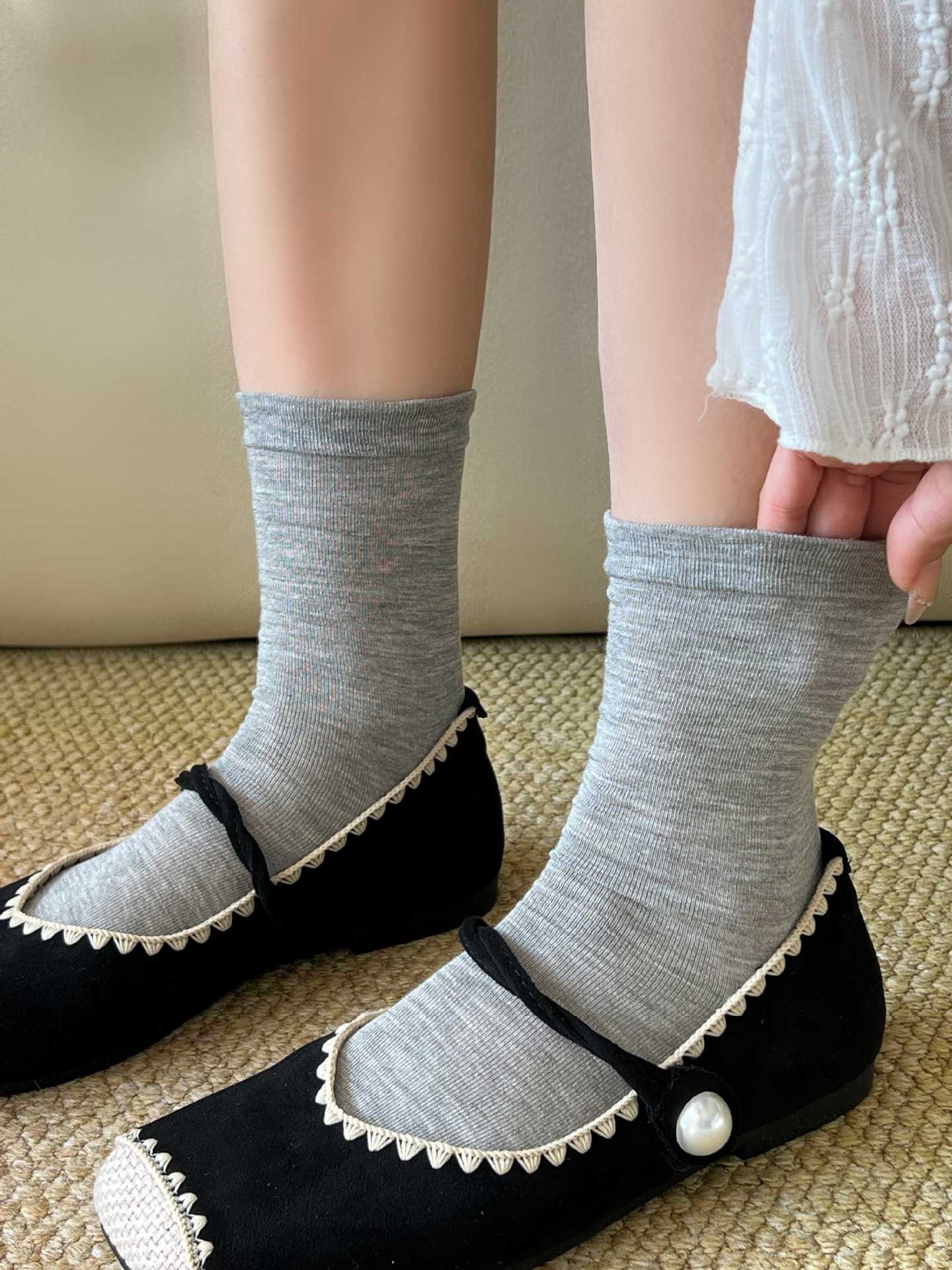 Women Thin Ribbed Crew Socks Solid Knit Mid Calf