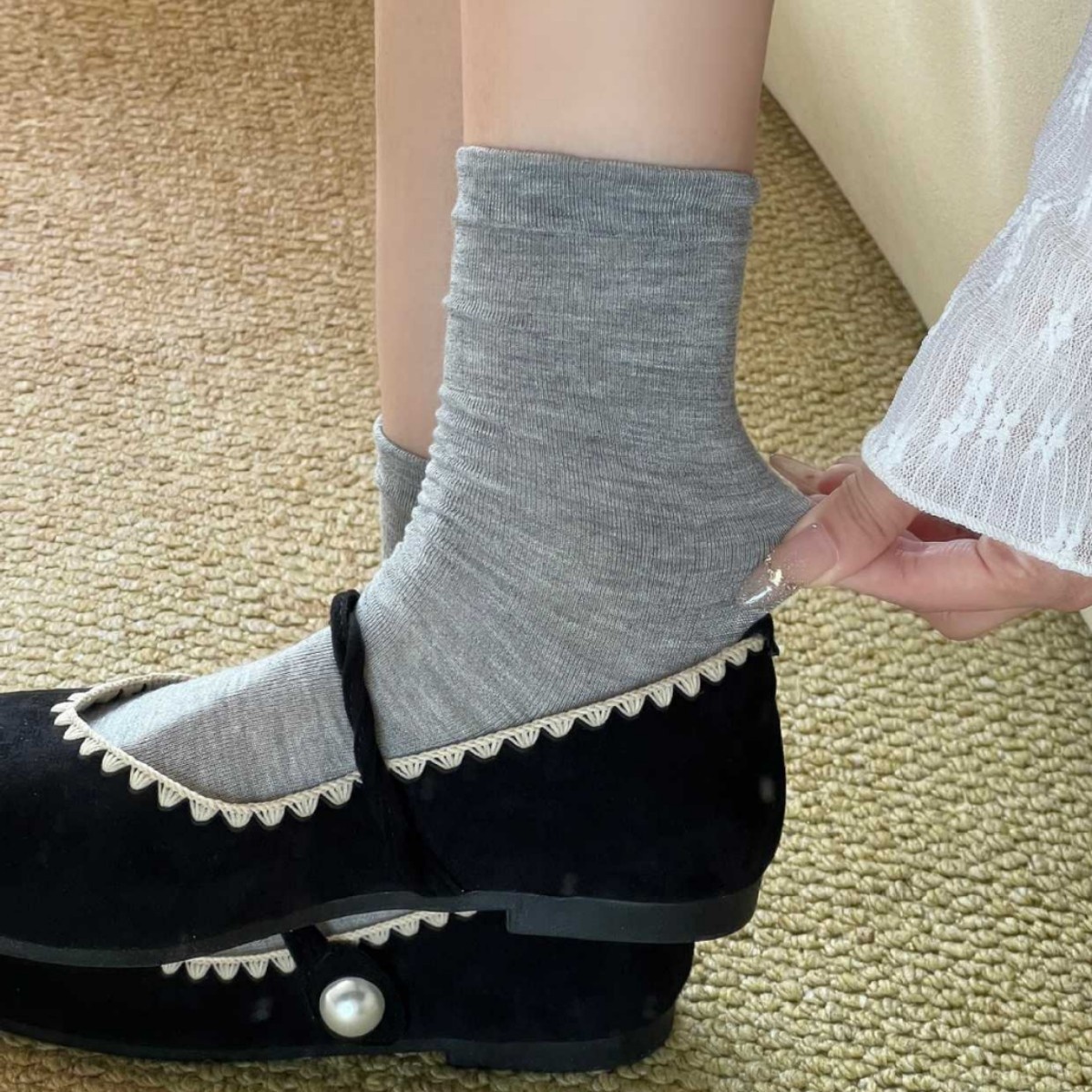 Women Thin Ribbed Crew Socks Solid Knit Mid Calf