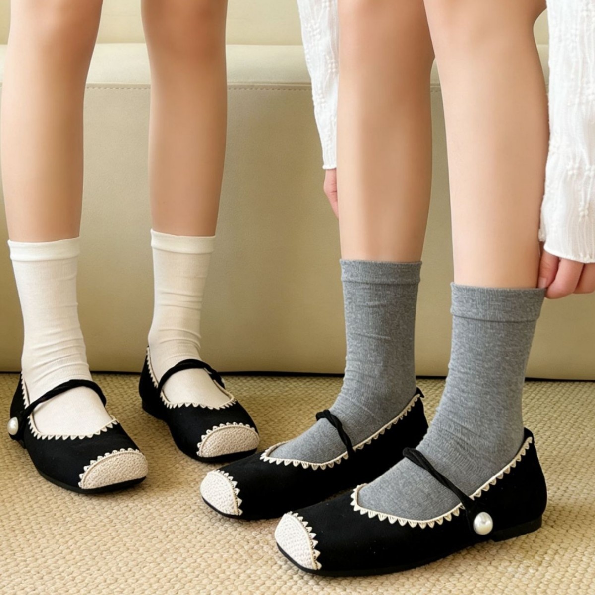 Women Thin Ribbed Crew Socks Solid Knit Mid Calf