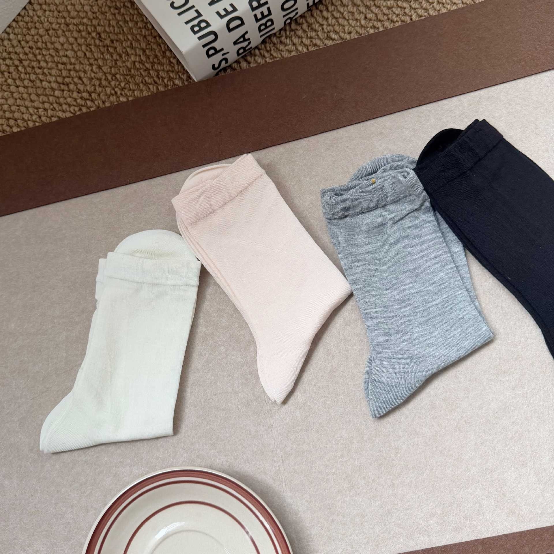 Women Thin Ribbed Crew Socks Solid Knit Mid Calf