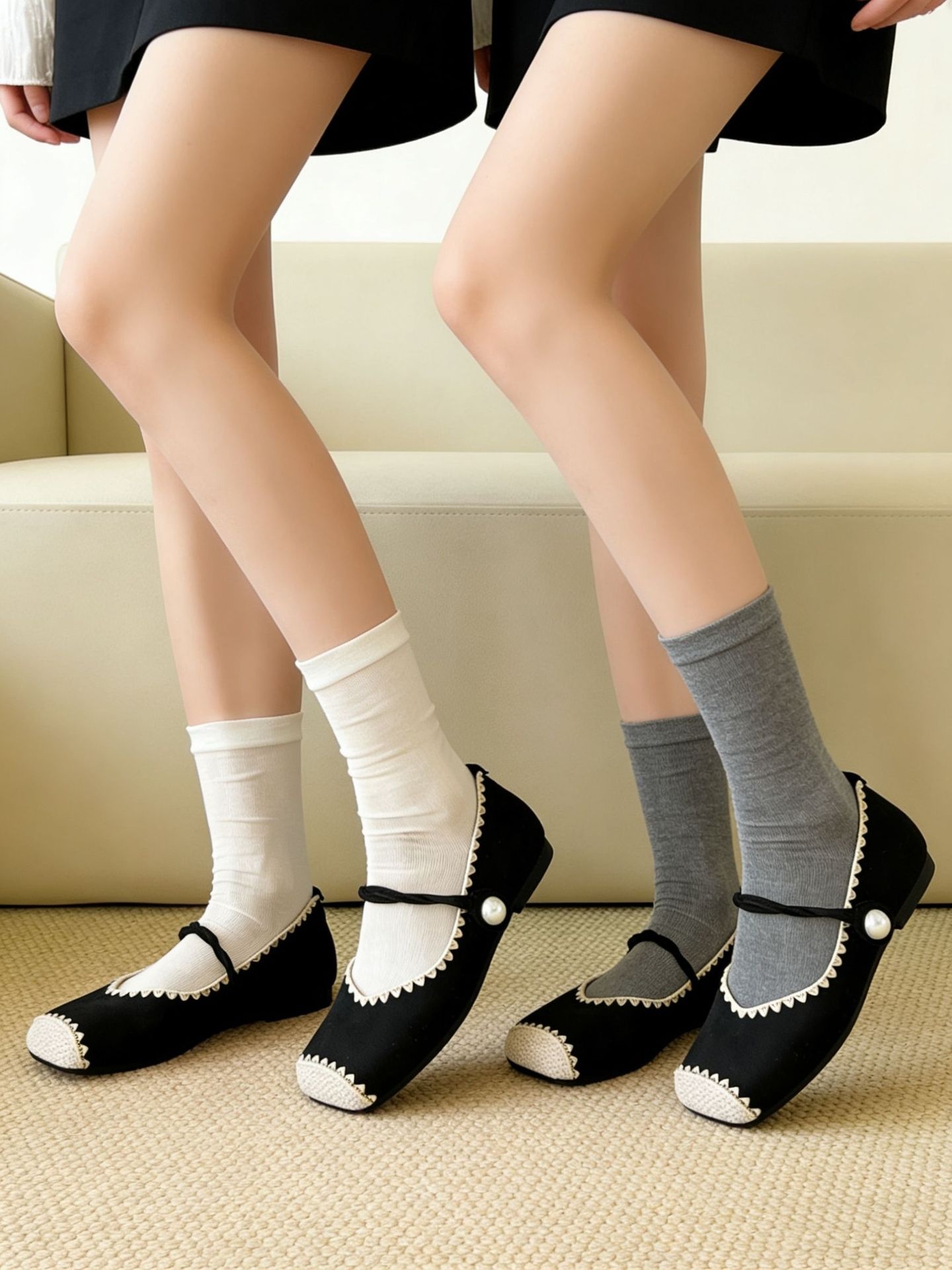 Women Thin Ribbed Crew Socks Solid Knit Mid Calf