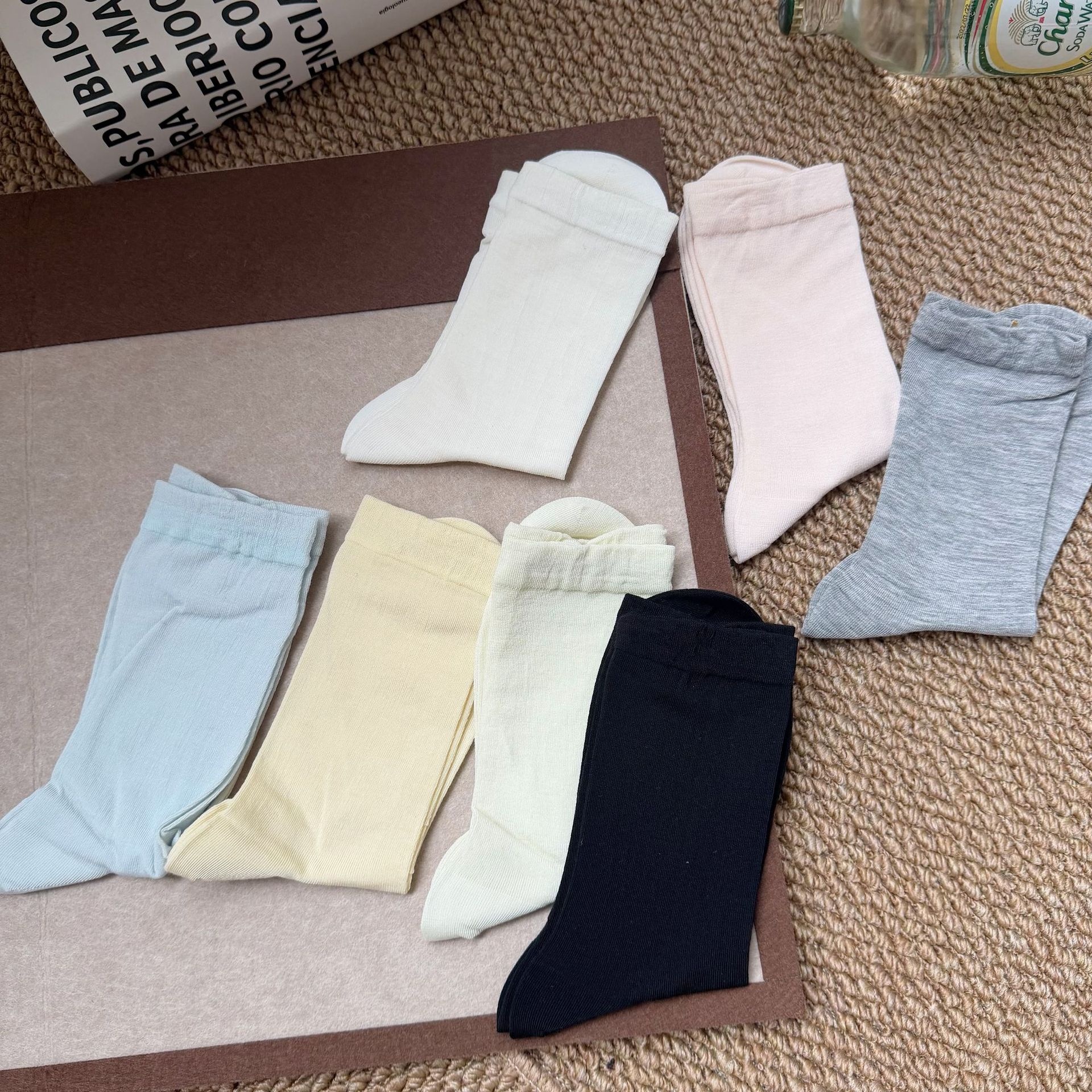 Women Thin Ribbed Crew Socks Solid Knit Mid Calf